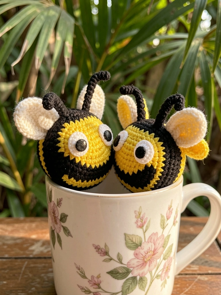 Dois bichinhos de crochê em forma de abelha, um maior que o outro, sobre caneca branca com estampa floral, luz natural suave e folhagem ao fundo.