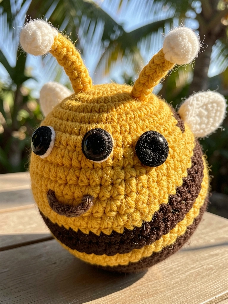 Close-up de abelha amigurumi de lã amarela e marrom, com olhos pretos e ferrão branco felpudo, luz natural suave.