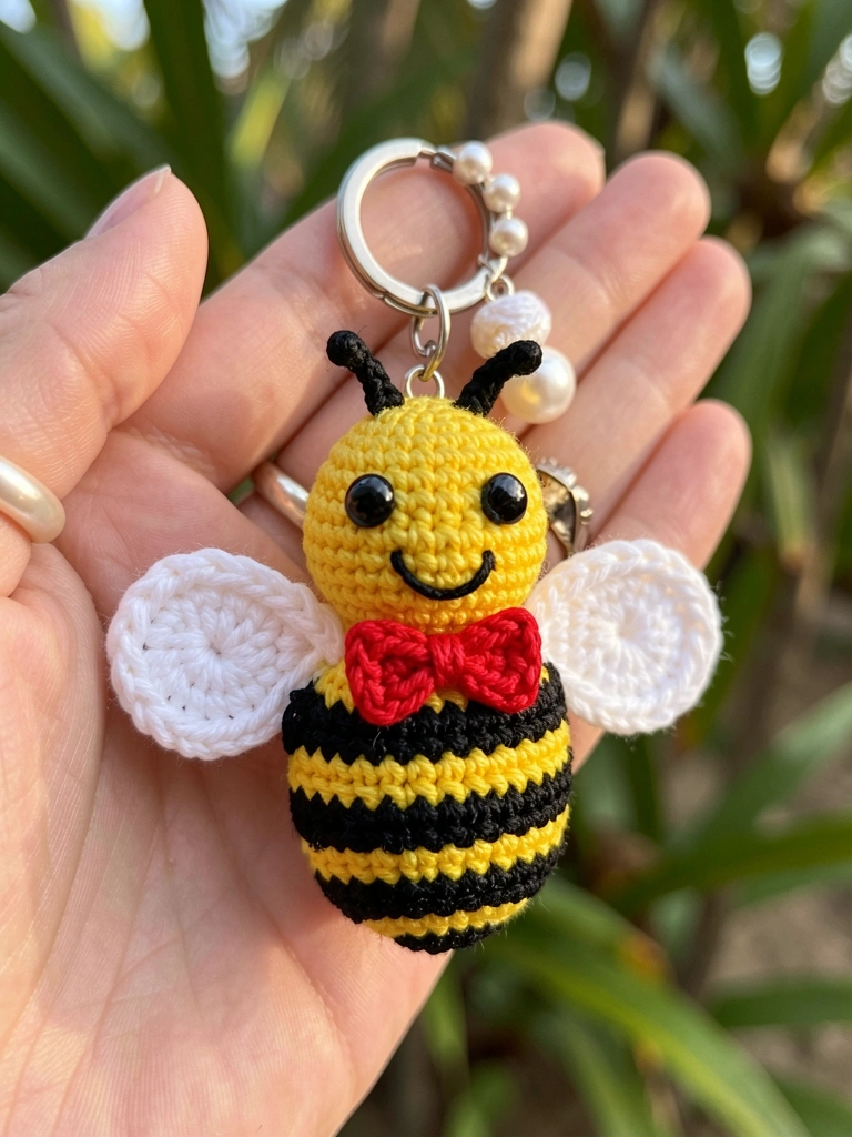 Chaveiro de crochê em formato de abelha com corpo amarelo e listras pretas, laço vermelho, asas brancas e olhos expressivos, segurado por mão com anel de pérola, luz natural suave e fundo desfocado.