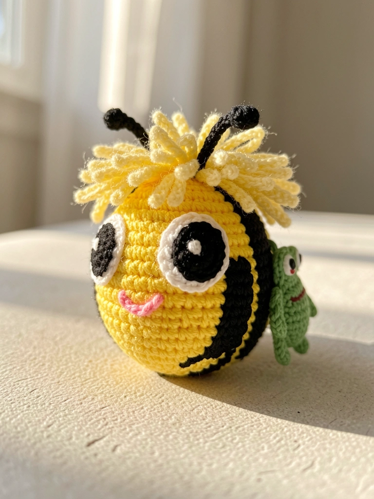 Abelha de crochê amarela com listras pretas, olhos grandes e pingente de sapo verde, sobre superfície clara com luz natural.