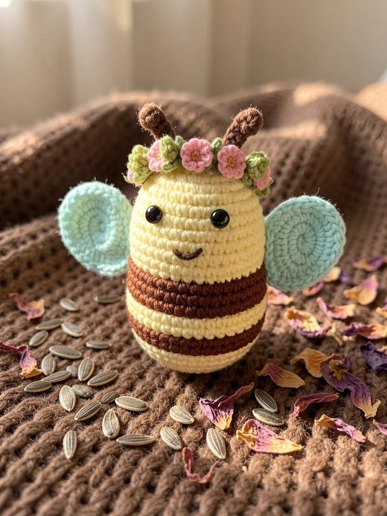 Abelha amigurumi de crochê com corpo amarelo e asas turquesa, coroa floral de flores rosas e verdes, sentada em manta marrom texturizada com sementes de girassol e pétalas secas.