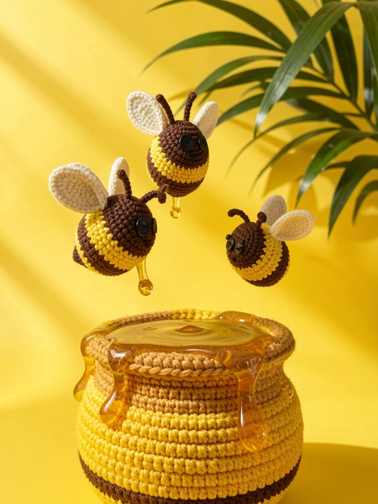 Três abelhas de crochê em amarelo e marrom com olhos de botão caindo sobre um pote de mel de crochê transbordando, fundo amarelo iluminado por luz natural.