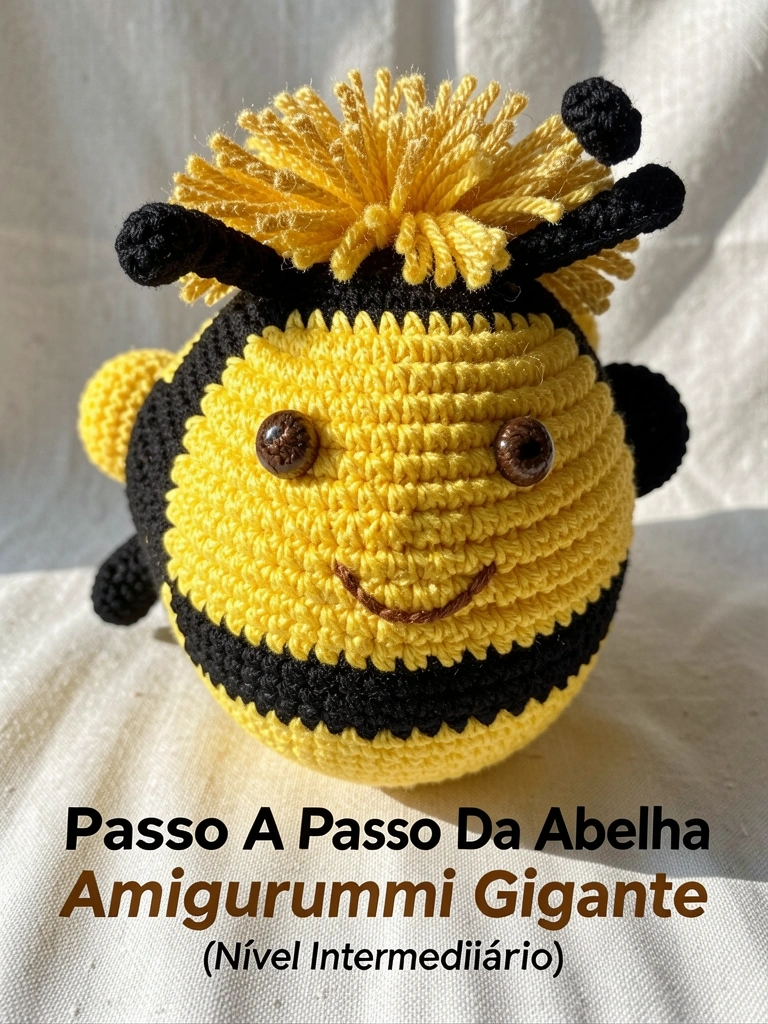 Amigurumi gigante de abelha em crochê amarelo e preto, com textura detalhada dos pontos, sobre fundo de linho off-white sob luz natural.