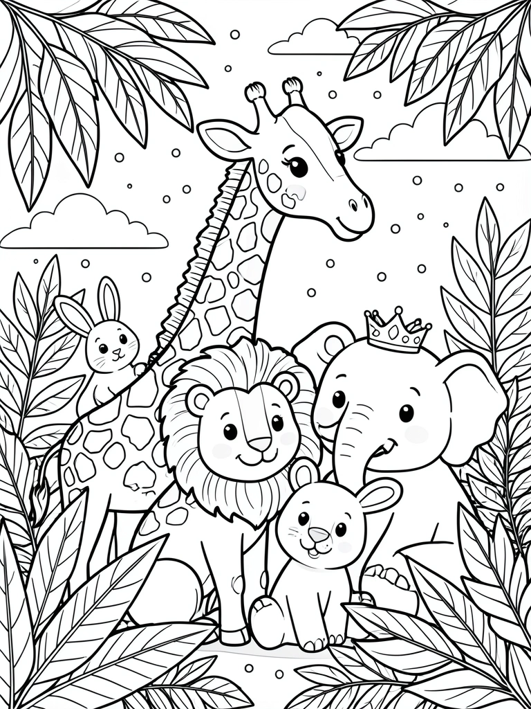 Animais cartoon em preto e branco: girafa, leão, urso, coelho e elefante entre folhas e pontos, luz natural filtrada.