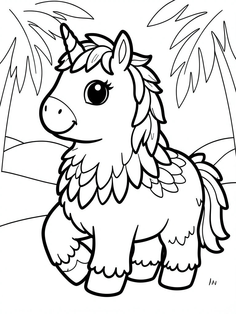 Unicórnio preto e branco estilo coloring book, traços grossos, olho escuro, chifre pequeno, corpo felpudo com detalhes de penas, fundo branco puro.
