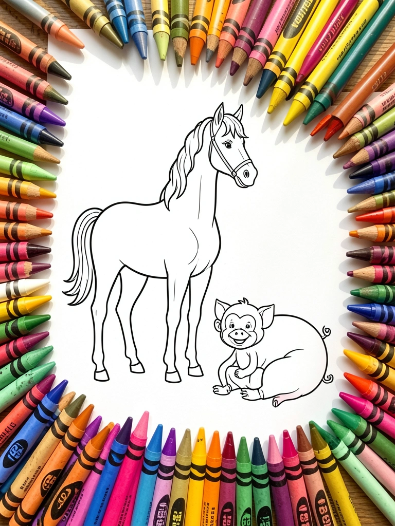 Arte linear preto e branco de cavalo, macaco e porco, cercada por lápis de cor e giz de cera formando moldura, luz natural filtrada.