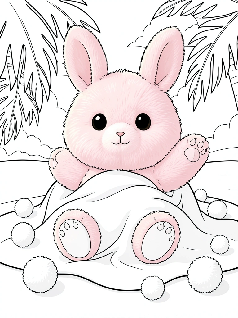 Pompompurin felpudo rosa sentado sobre manta de algodão, com pompons brancos espalhados, luz natural e fundo claro.
