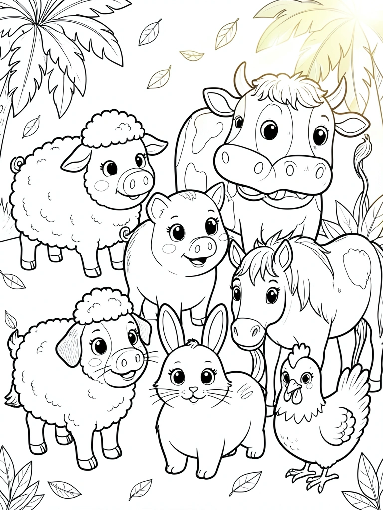 Animais de fazenda em preto e branco, estilo livro de colorir, com ovelha, porco, vaca, gato, cachorro, cavalo, coelho e galinha, traços limpos e fundo branco puro.