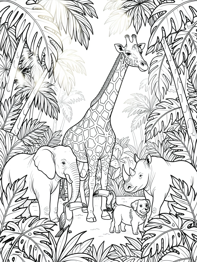 Girafa, elefante, rinoceronte, tucano e cão em cena de selva, traço preto e branco para colorir, fundo branco puro.