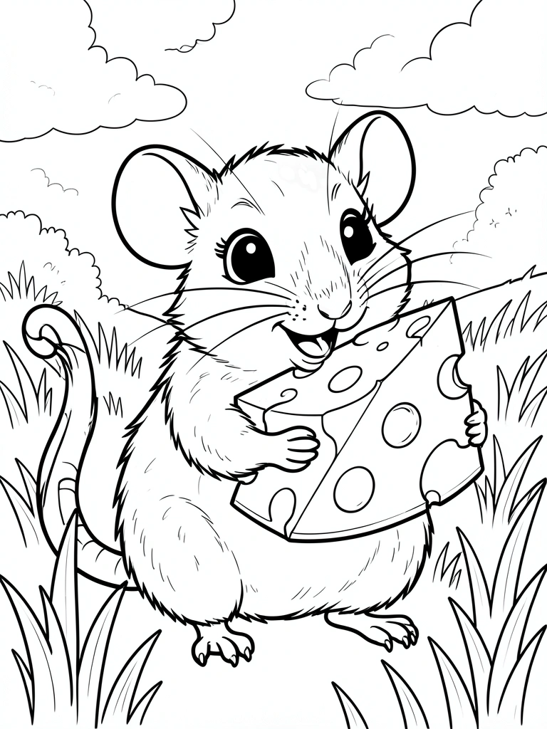 Ratinho do campo segurando um grande pedaço de queijo, com olhos expressivos e bigodes, em um campo gramado com luz solar salpicada.