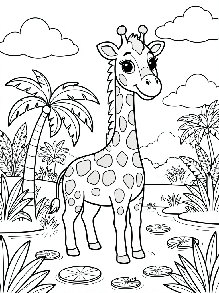 Girafa sorridente em estilo de colorir, com palmeira e vitórias-régias, traços pretos nítidos em fundo branco puro.