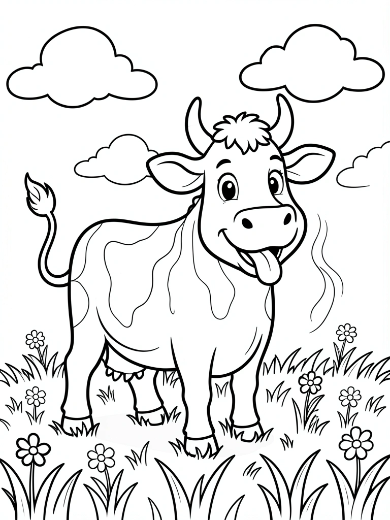Ilustração infantil em preto e branco de vaca sorridente com língua rosa e rabo encaracolado em campo florido, céu com nuvens.