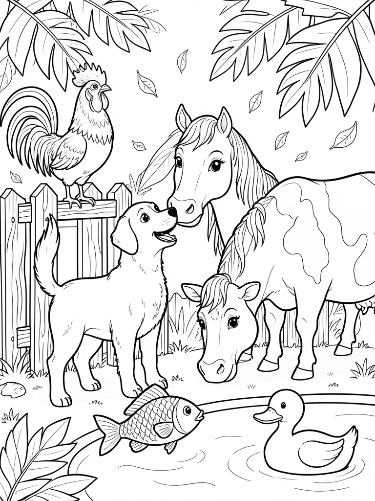 Galo sobre cerca de madeira, cavalo e cachorro interagindo, vaca pastando, peixe e pato em água clara, luz natural e folhas ao fundo.