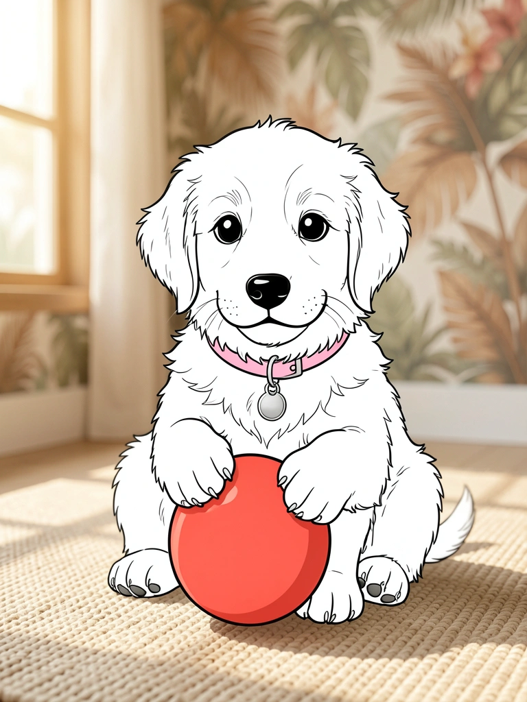 Filhote de golden retriever segurando bola laranja em patas, coleira rosa, luz natural suave, fundo desfocado.