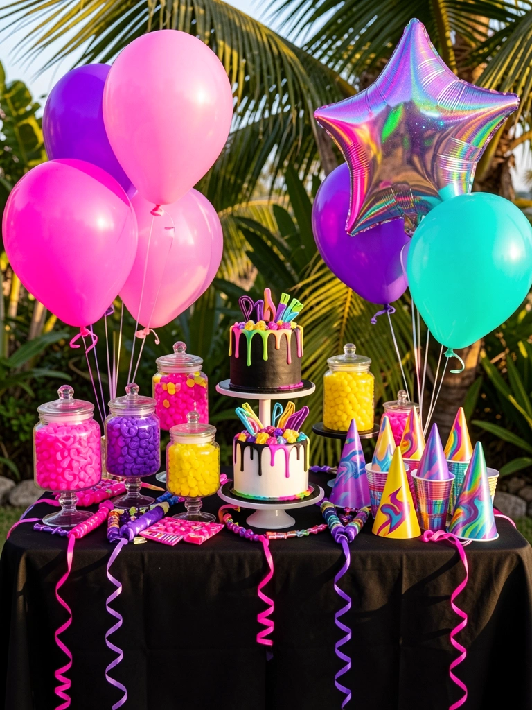 Mesa preta com toalha, balões iridescentes rosa e roxo, doces neon em potes de vidro e bolo preto e branco com detalhes neon.