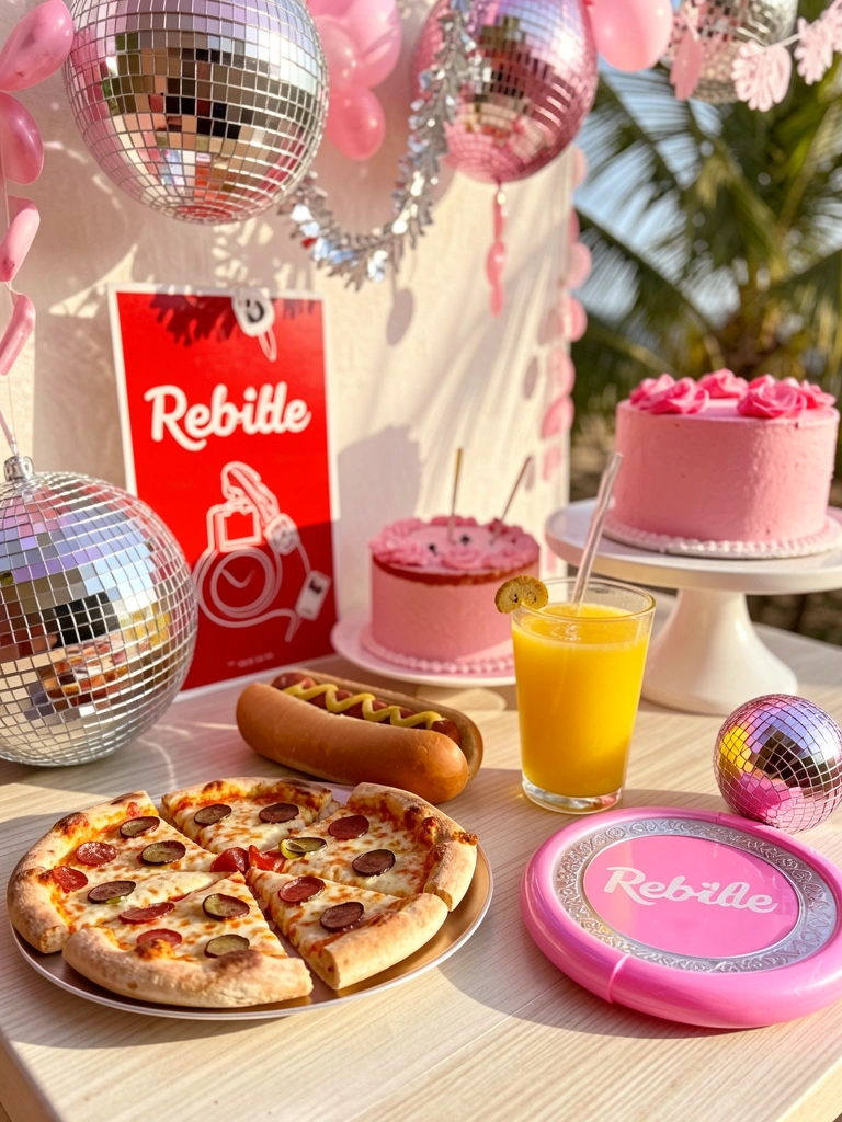 Mini pizzas e hot dog em prato decorativo com fundo de disco ball, luz natural