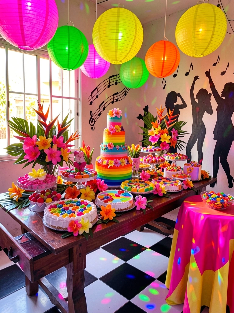 Mesa festiva com bolo de arco-íris, lanternas neon suspensas e flores tropicais, piso xadrez refletindo luzes, parede com notas musicais e silhuetas dançantes.
