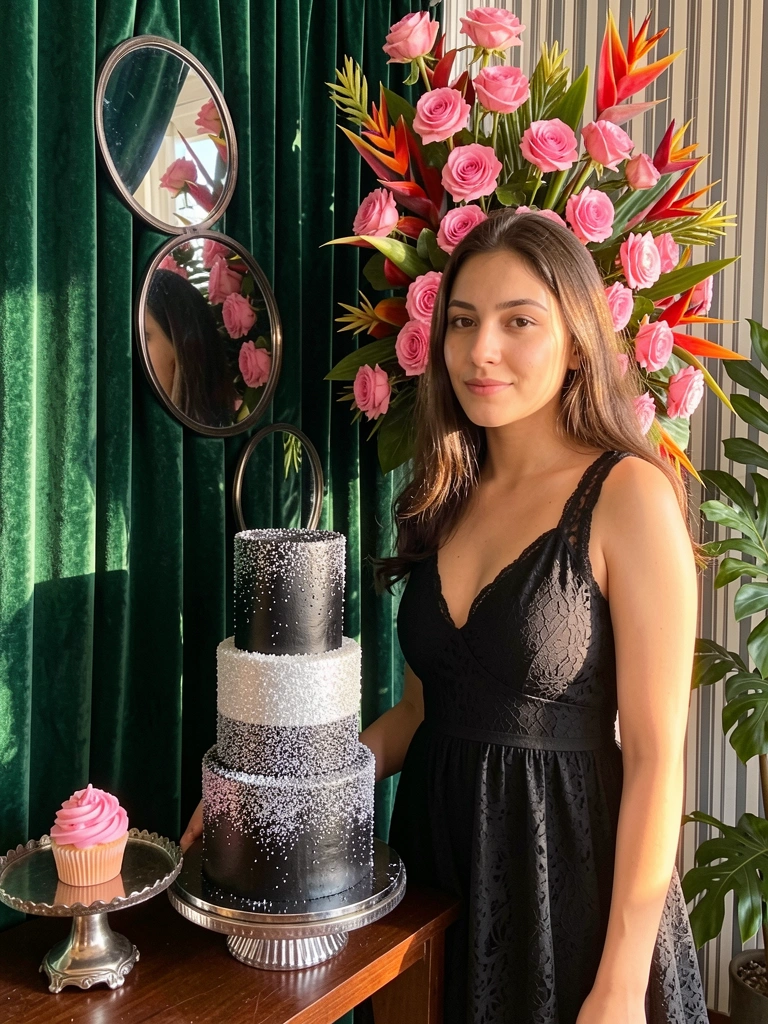 Jovem de vestido preto ao lado de bolo prateado com cristais de açúcar, arranjo de rosas e flores tropicais, cortina verde escura com espelhos circulares, luz natural do dia.