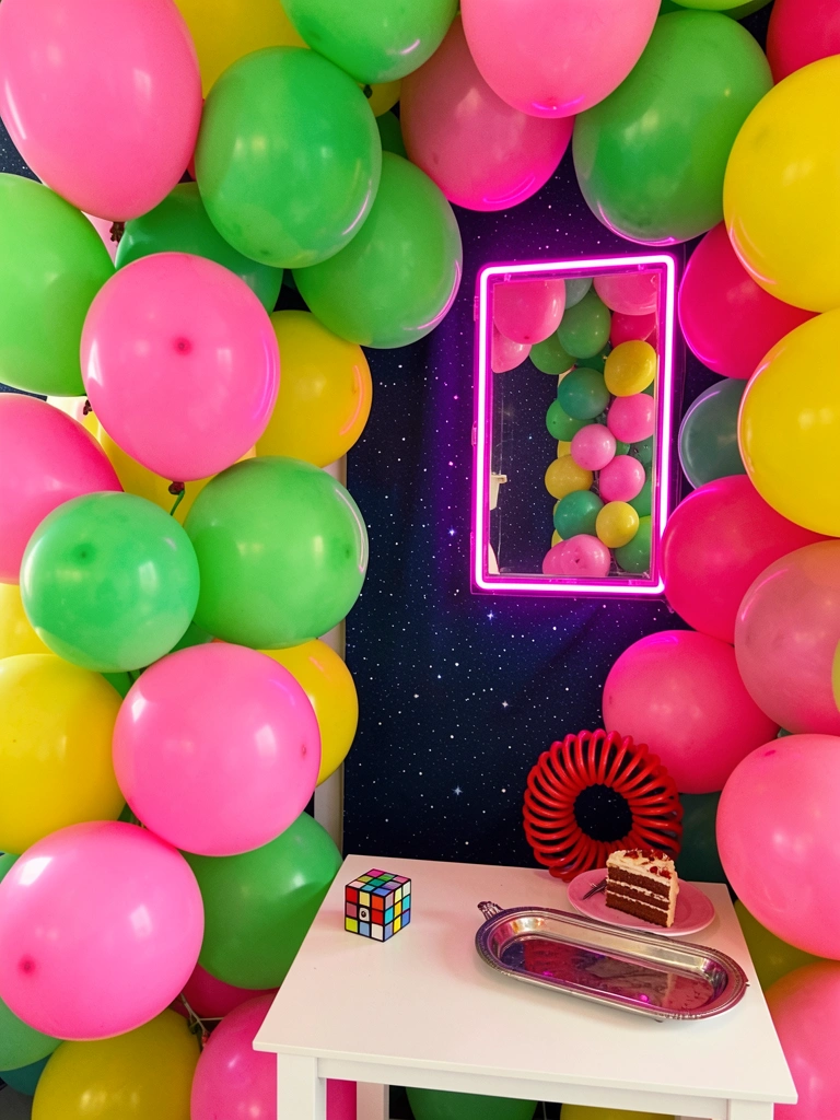Balões coloridos aglomerados contra fundo estrelado azul escuro, moldura neon rosa reflete a cena, mesa branca com cubo mágico, fatia de bolo e mola vermelha.