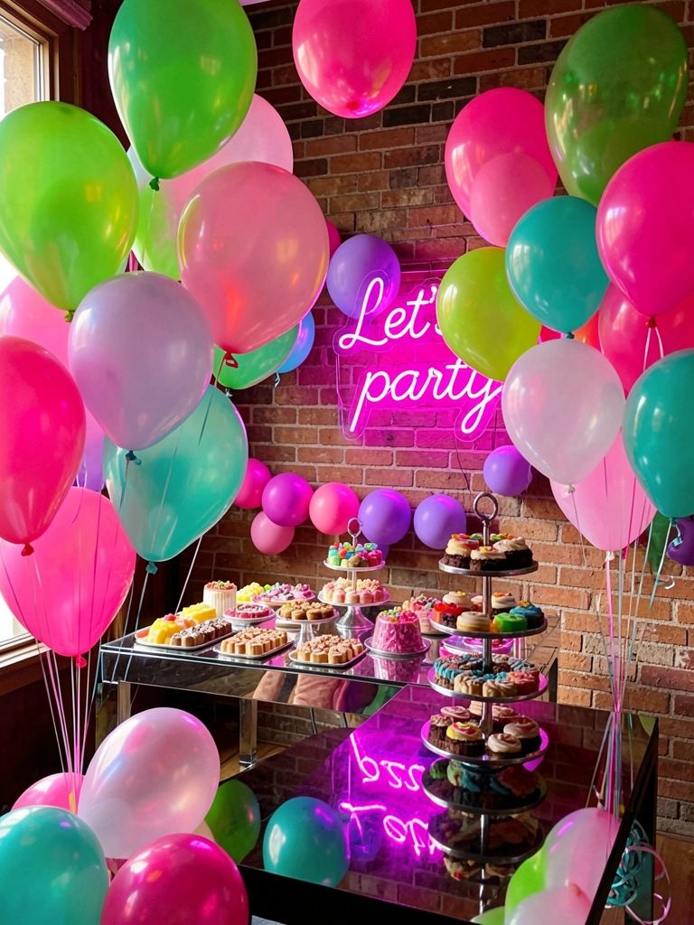 Balões iridescentes rosa, verde e turquesa flutuam sobre mesa escura com bandejas de doces e letreiro neon
