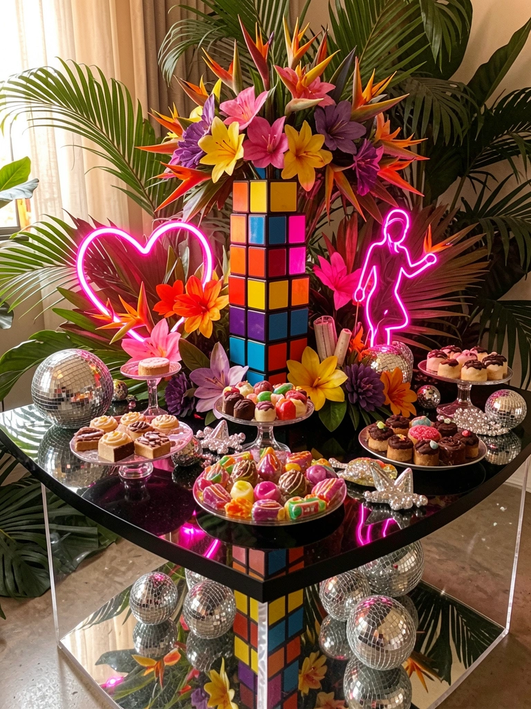 Mesa preta refletora com pilha de cubos mágicos coloridos, flores tropicais vibrantes, letreiro rosa neon e bolas de discoteca, luz natural difusa.