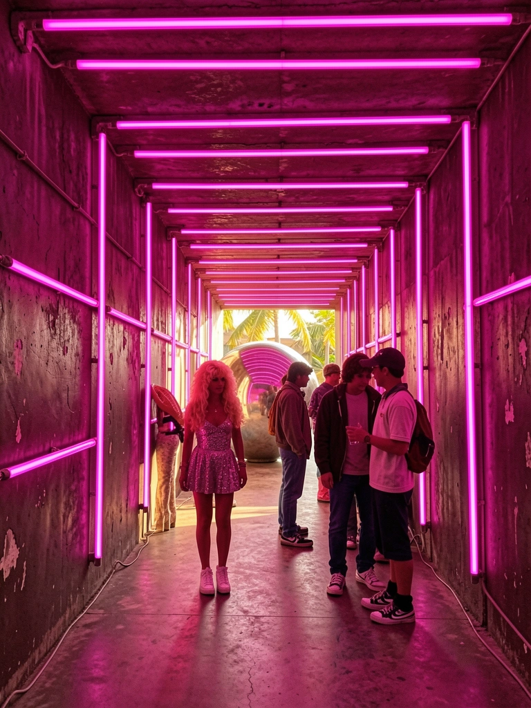 Corredor de concreto escuro com tubos de neon rosa e magenta dispostos em grade, pessoas com roupas anos 80 e esfera prateada refletiva ao fundo, luz natural no fim do túnel.