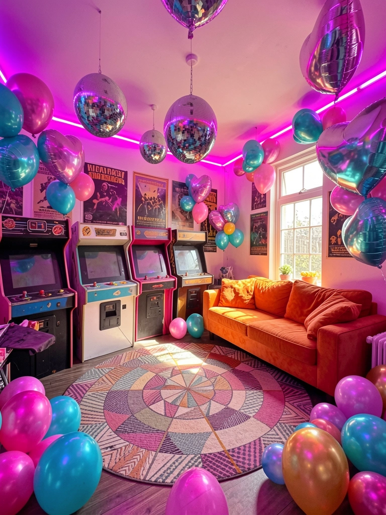 Neon pink e purple iluminam o teto e as paredes de um quarto com discos de espelho pendurados, balões metálicos rosa e turquesa, sofá laranja e fliperamas vintage.