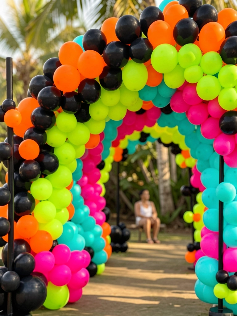 Arco de balões pretos, laranja neon, verde-limão, rosa choque e turquesa em camadas espirais, sustentado por hastes pretas, com pessoa desfocada ao fundo sob luz natural tropical.