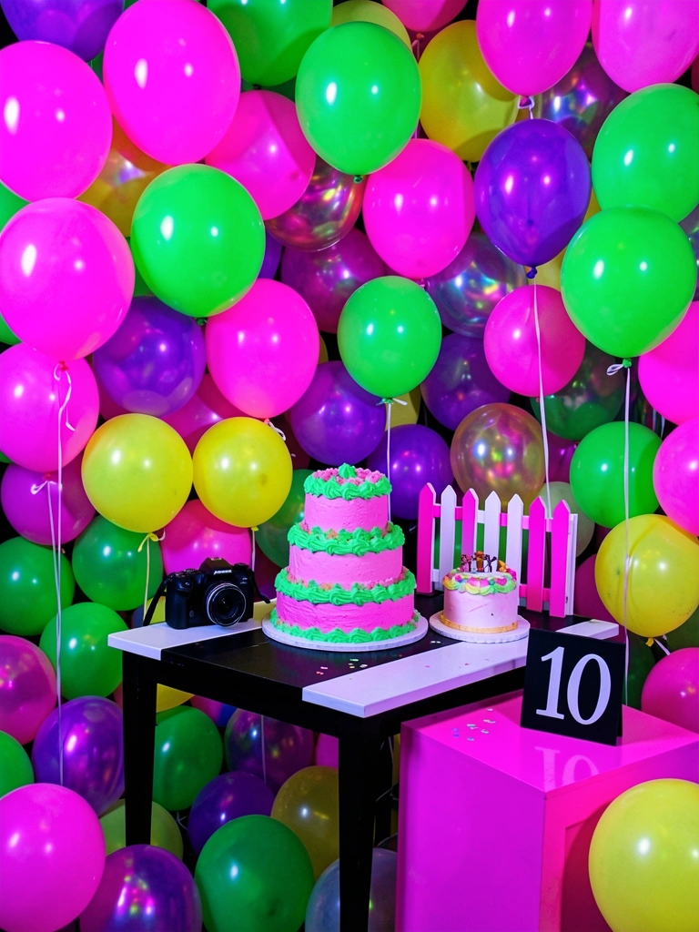 Bolo de dois andares com glacê rosa e verde, cercado por balões neon rosa, verde, roxo e amarelo; placa preta e branca com o número 10 sobre mesa rosa.