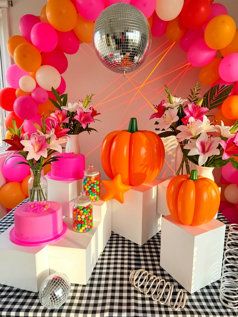Mesa com toalha xadrez preto e branco, bolo rosa neon, abóbora laranja e flores tropicais sob luz natural.