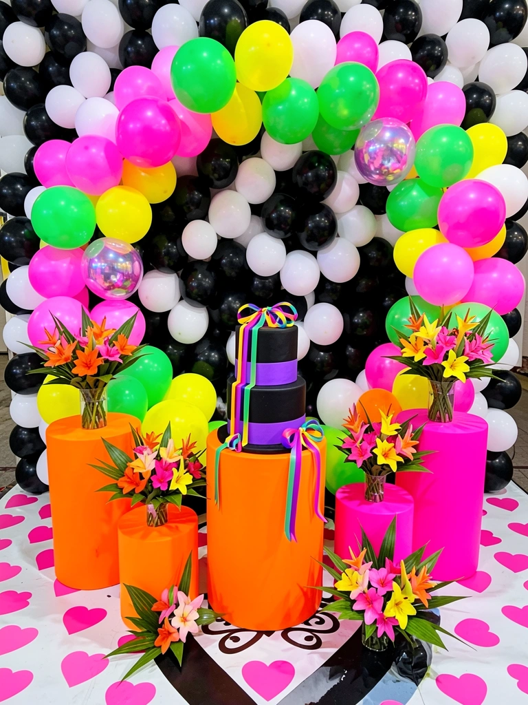 Bolo preto e roxo com listras coloridas, arco de balões iridescentes e buquês tropicais em laranja e rosa sobre suportes neon.