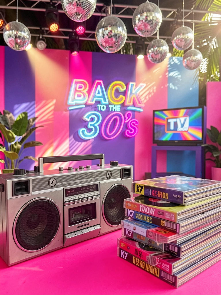 Vintage boombox e pilha de K7 tapes e vinis em palco rosa-púrpura com letreiro neon