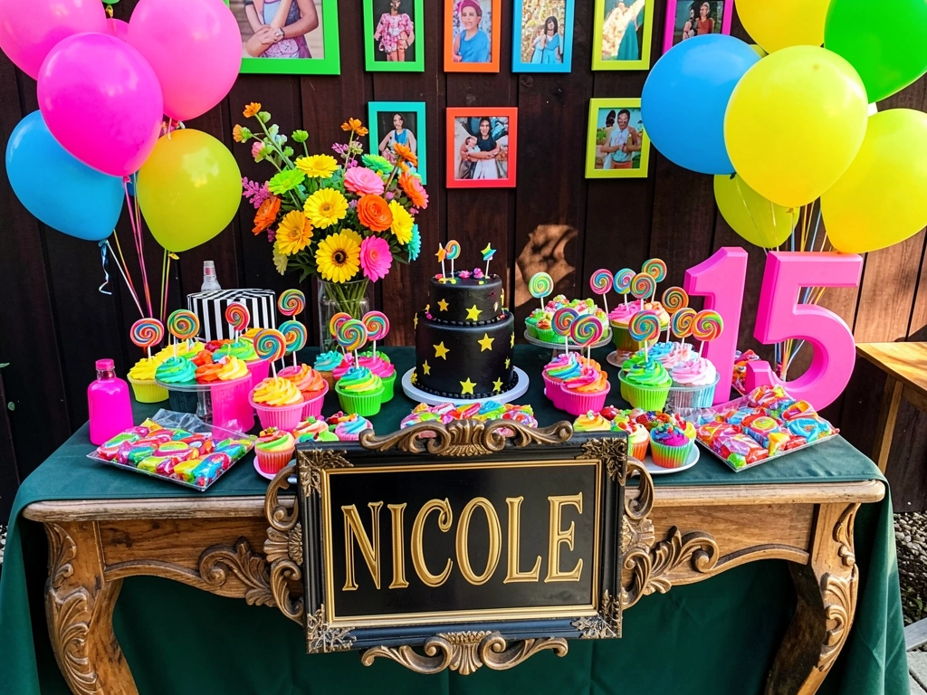 Mesa de madeira com bolo preto decorado com estrelas, cupcakes coloridos e balões rosa, amarelo, verde e azul ao fundo, sob luz natural.