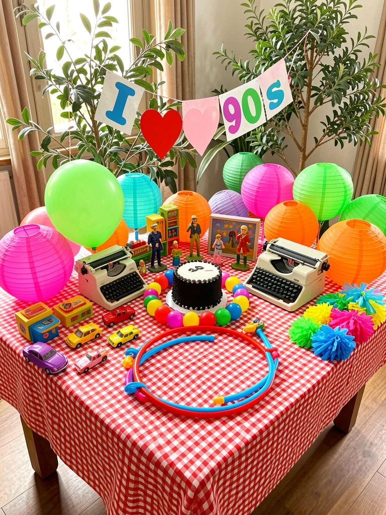 Toalha xadrez vermelha e branca com brinquedos plásticos, balões coloridos e faixa 