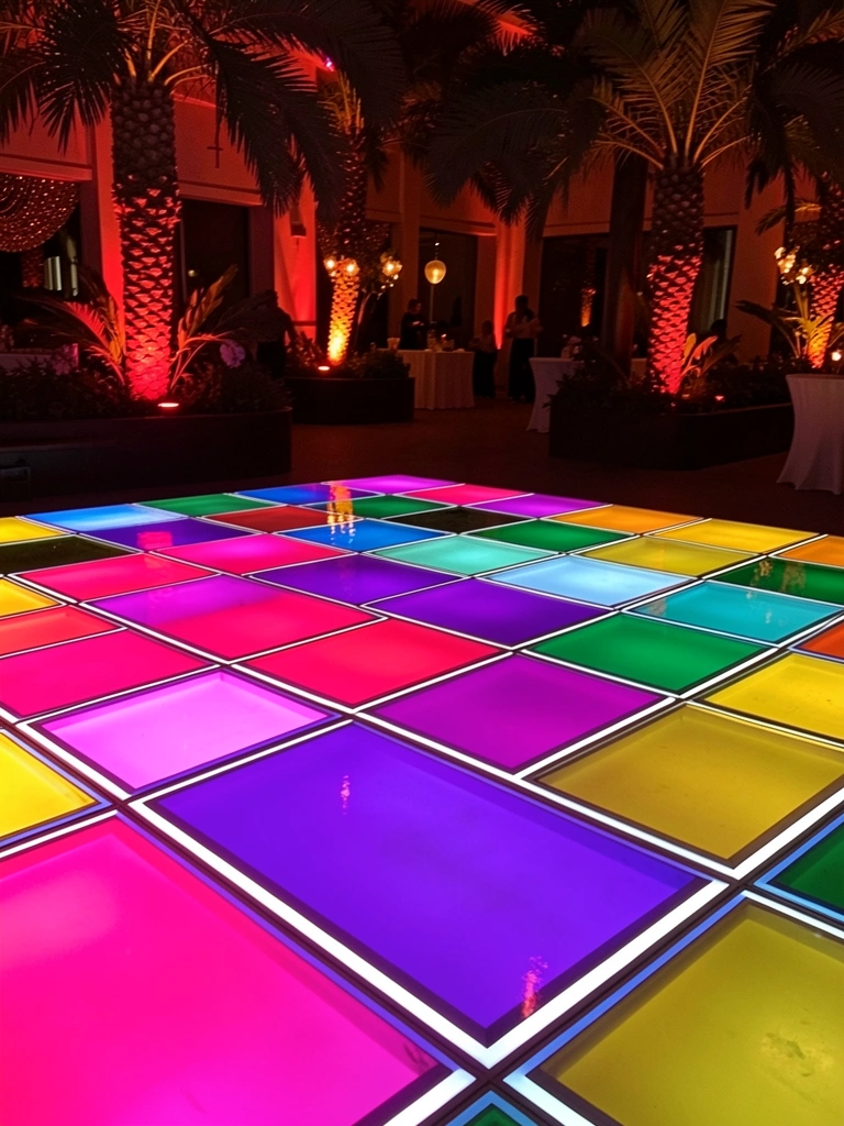 Piso de dança com dezesseis ladrilhos quadrados coloridos (rosa, roxo, azul, verde, amarelo) em grade, refletindo luzes quentes de festa, palmeiras e decoração ao fundo.