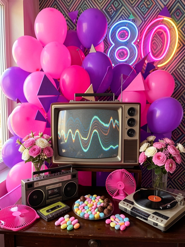 Neon balloons, cassette tape, boombox, and floral arrangement on dark wooden table; retro TV with wavy signal in background.