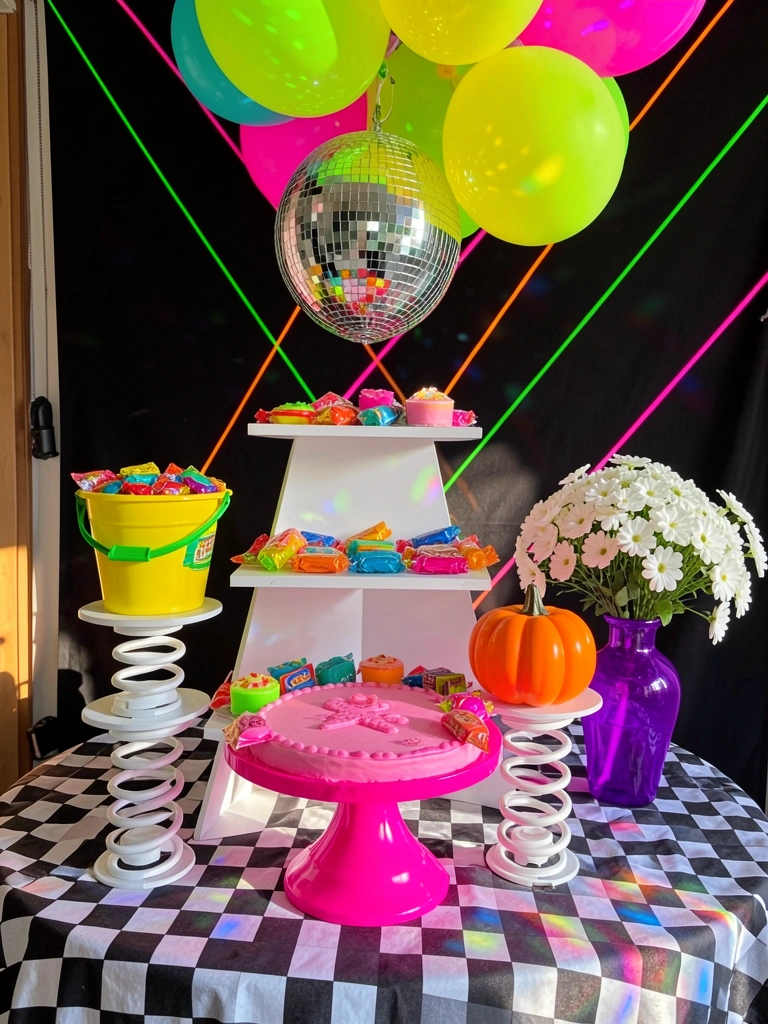 Mesa com toalha xadrez preto e branco, bandeja geométrica branca com doces coloridos, balões neon e luz natural destacando texturas.