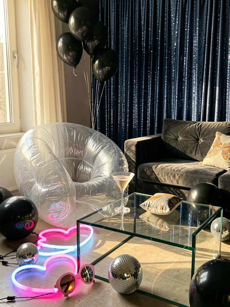 Poltrona inflável transparente e sofá cinza escuro com balões pretos e tubos de luz neon rosa e azul, sob luz natural difusa.