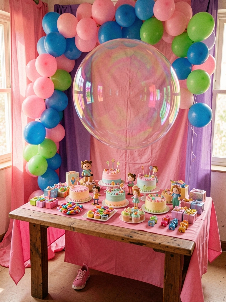 Mesa de madeira rústica com toalha rosa, bolos e cupcakes coloridos, balões azuis e rosa ao fundo, luz natural suave.