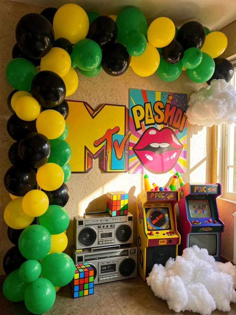 Guirlanda de balões pretos, amarelos e verdes sobre parede texturizada, com logotipo MTV, boombox e fliperama Pac-Man ao lado de nuvem branca, luz natural entrando pela janela.