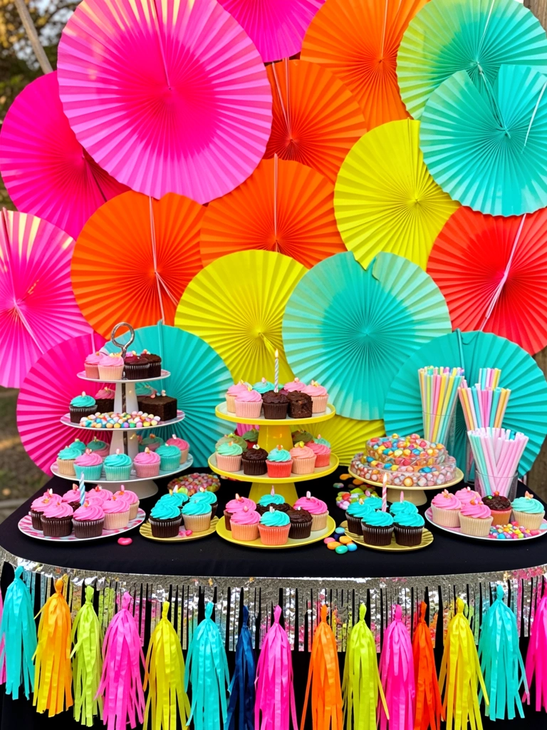 Mesa preta com franja prateada e cupcakes rosa e turquesa, sob um arranjo denso de leques de papel neon em laranja, rosa e amarelo, iluminados por luz natural.
