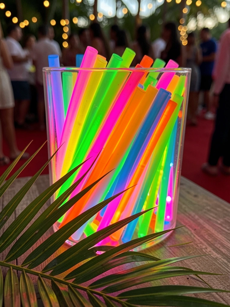 Recipiente acrílico transparente cheio de glow sticks neon em pink, verde, amarelo, azul e laranja, iluminado de dentro, com folha de palmeira texturizada na frente e fundo de festa com luzes bokeh.
