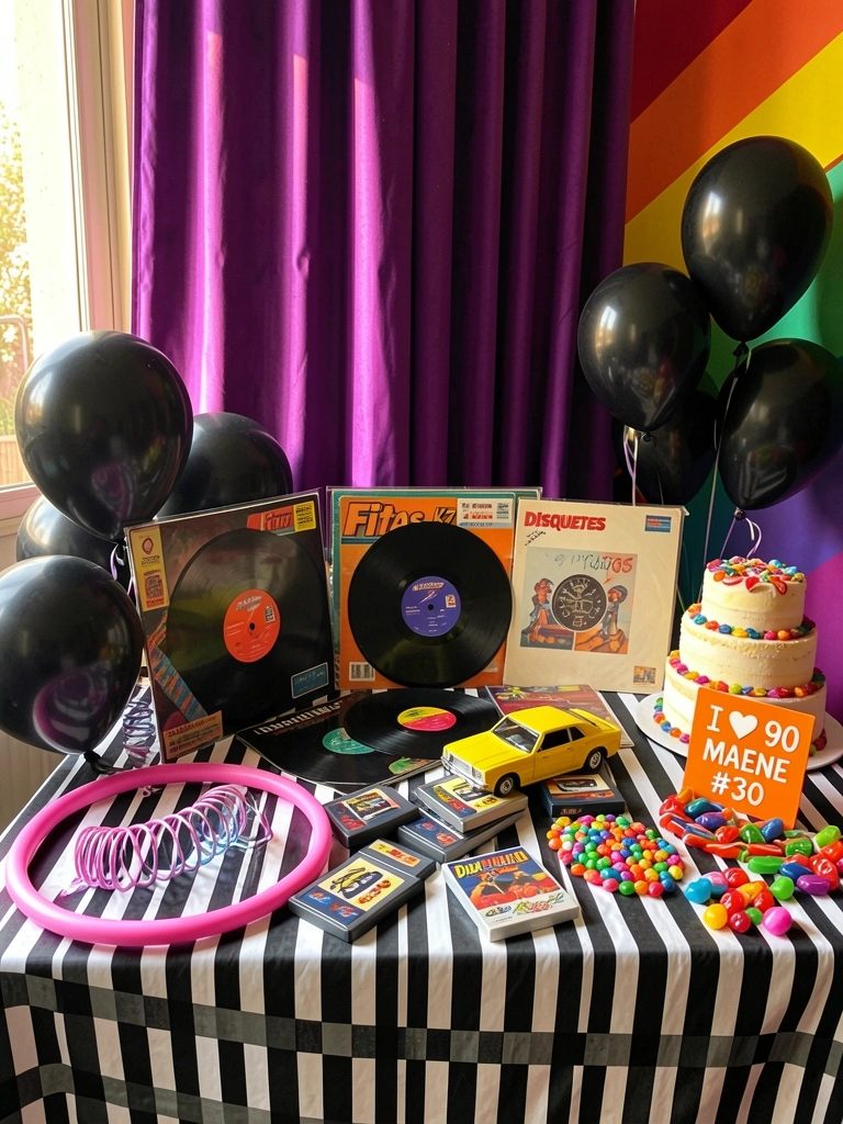 Mesa com toalha xadrez preta e branca, discos de vinil, cartuchos de videogame, balões pretos e bolo de andares sob luz natural.