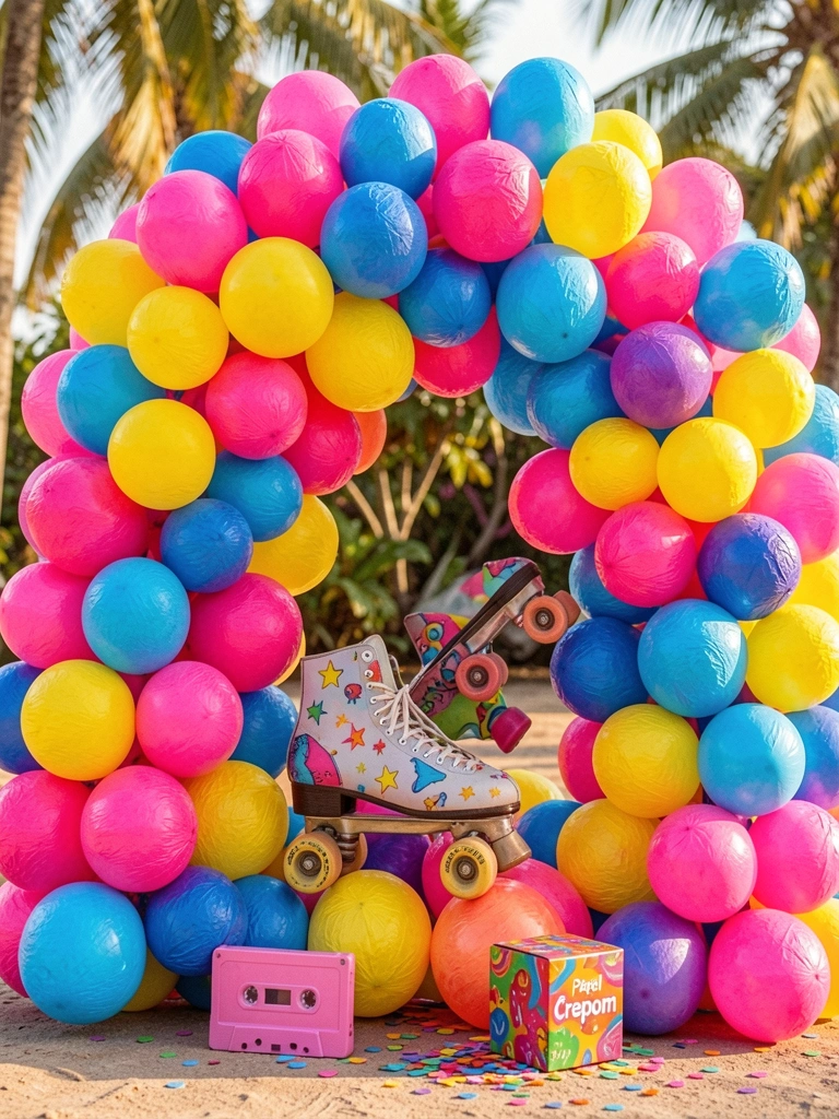 Arco de balões neon rosa, amarelo, azul e roxo sobre patins vintage e fita cassete rosa, luz natural tropical.