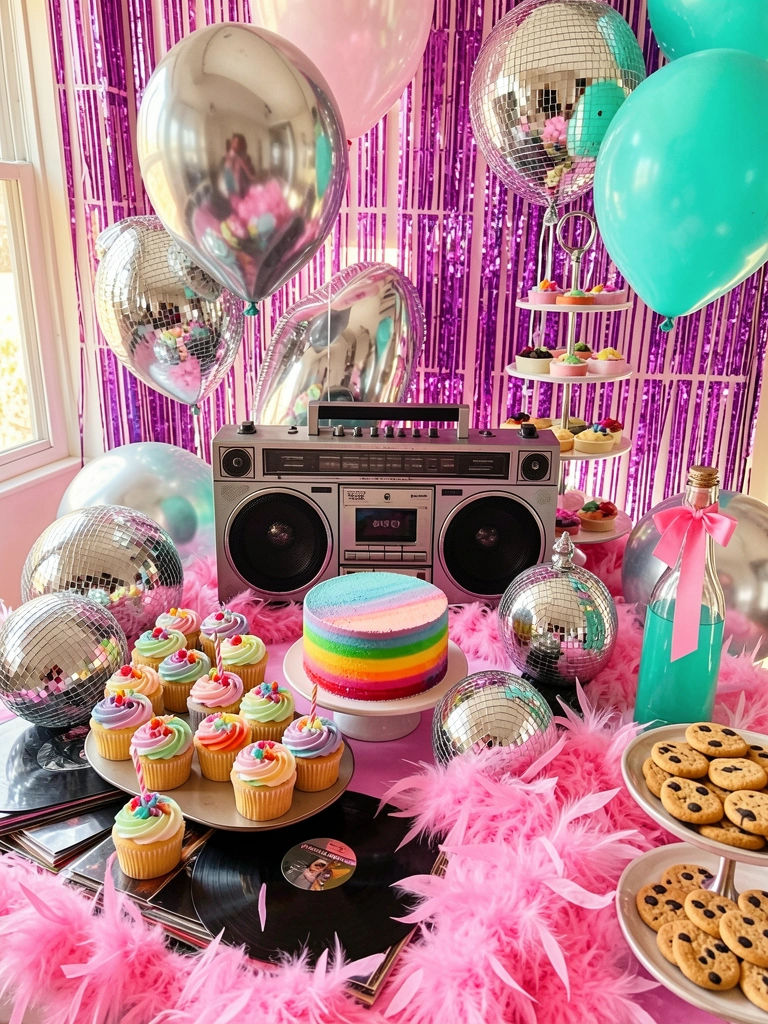 Mesa festiva com cupcakes, bolo arco-íris e discos de vinil ao lado de um rádio retrô, cortinas franjadas e balões prateados ao fundo.