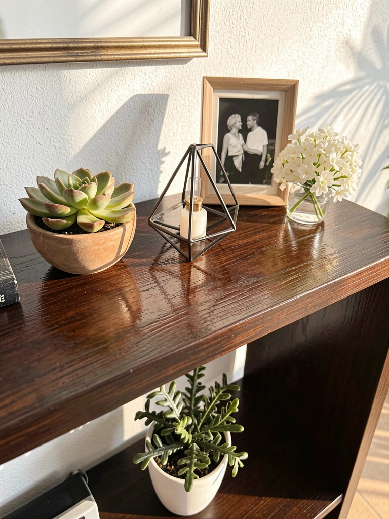 Close-up de mesa de console de madeira escura com suculenta, luminária geométrica de metal, foto preto e branco e arranjo de flores brancas, contra parede texturizada.