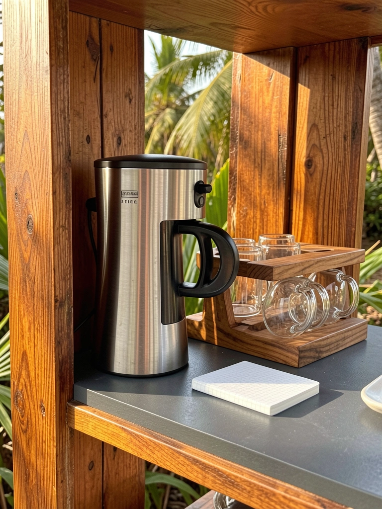 Prateleira rústica de madeira com cafeteira de aço inoxidável, suporte de madeira com canecas de vidro e caderno branco, luz natural e texturas de madeira e metal.