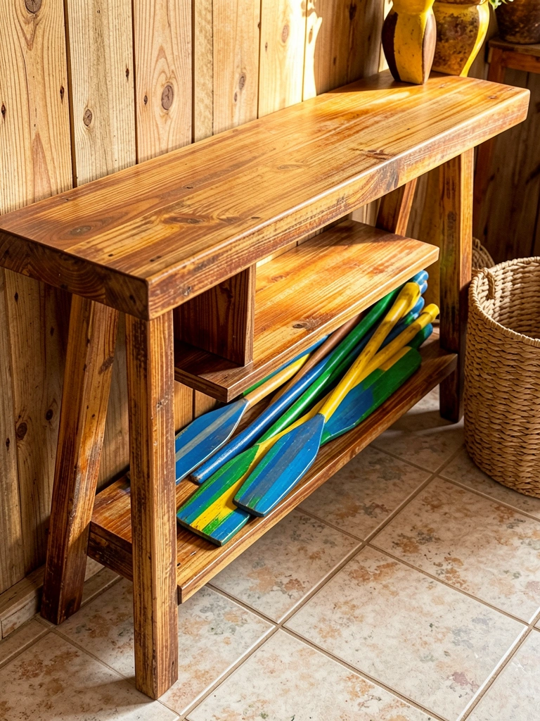 Mesa rústica de madeira com remos pintados de azul, verde e amarelo na prateleira inferior, cesto de palha ao lado, luz natural e parede de madeira ao fundo.