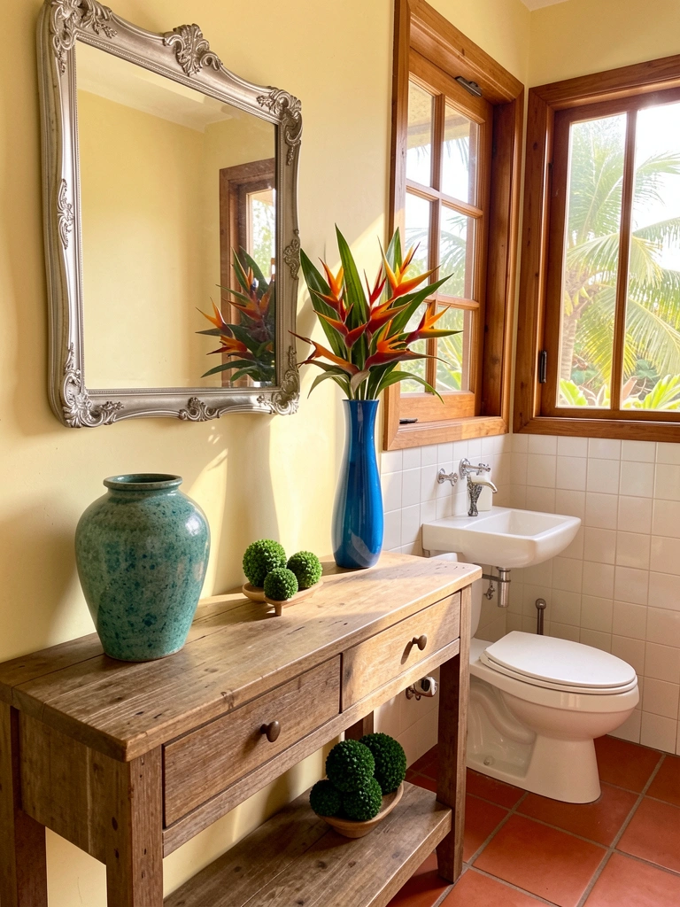Cômoda rústica de madeira com vaso azul alto e arranjo tropical, penteadeira com espelho prateado e banheira branca, luz natural e piso de terracota.