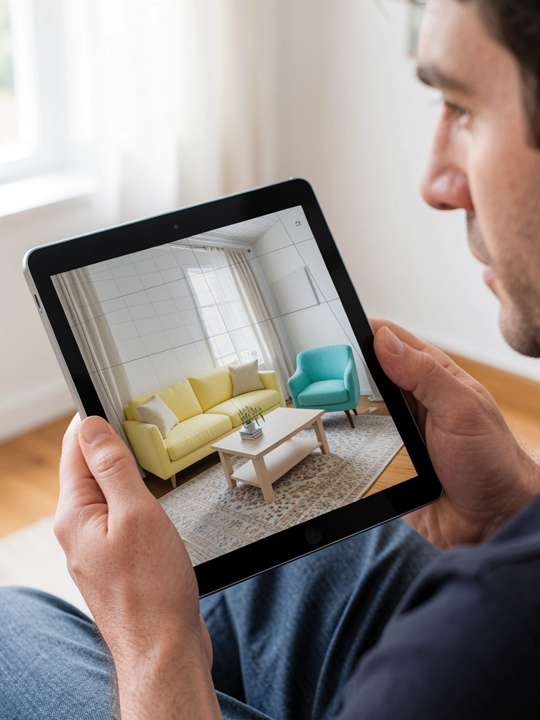 Mãos masculinas seguram tablet que exibe modelo 3D de sala com sofá amarelo-claro, poltrona turquesa e tapete estampado, luz natural filtrada por cortinas.